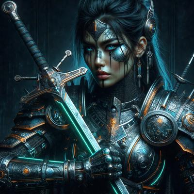 The primary subject of the image is a woman dressed in a futuristic armor, holding a sword. She is the main focus of the image. The setting is a dark room, which adds to the overall mood of the scene. The visual style is digital art, as the woman is depicted in a stylized manner. The dominant colors are black and blue, which contribute to the futuristic and mysterious atmosphere of the image.